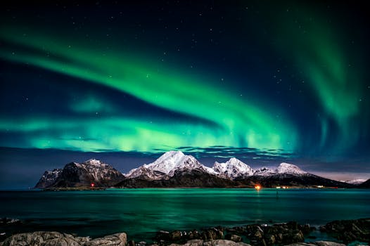 pexels-photo-1933239-1933239 Breathtaking view of aurora borealis illuminating the snowy mountains of Lofoten Islands at night.